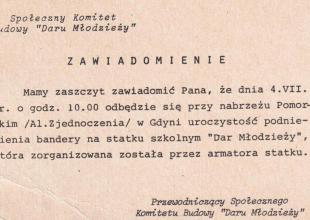 Notification of the raising of the flag on the Dar Młodzieży