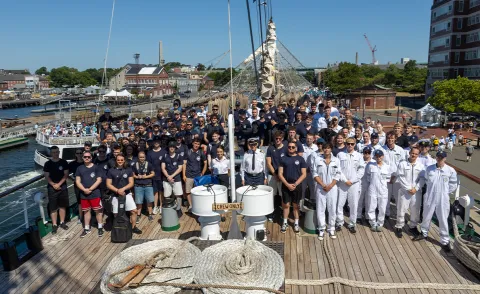 Group photo on board the Dar Młodzieży