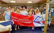 Captain Michał Sadowski on board the Dar Młodzieży with representatives of the Polish diaspora in Norfolk