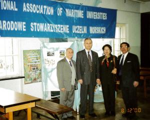 18.12.2000 - An exhibition dedicated to IAMU, organised at Gdynia Maritime Academy. From right to left: IAMU Secretary Hishashi Yamamoto with his wife, Prof Osman Kamil Sag, ITU, Turkey, and Prof Oney, ITU, Turkey