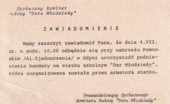 Notification of the raising of the flag on the Dar Młodzieży