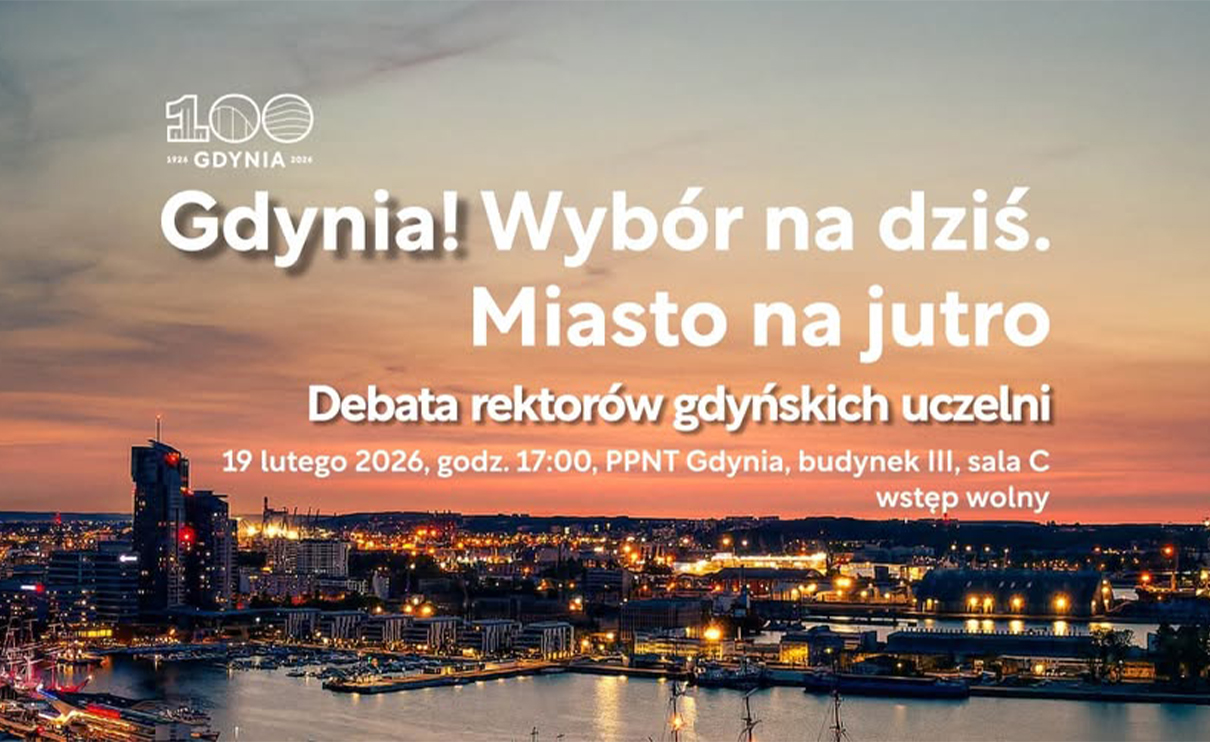 Plansza z widokiem Gdyni o zachodzie słońca