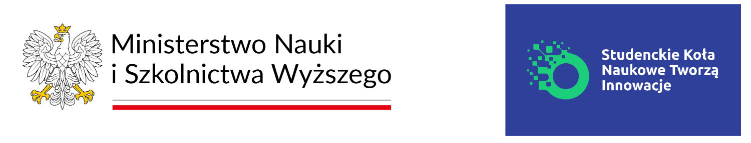 Logotyp Ministerstwa Nauki i Szkolnictwa Wyższego z lewej i logotyp programu "Studenckie koła naukowe tworzą innowacje" z prawej