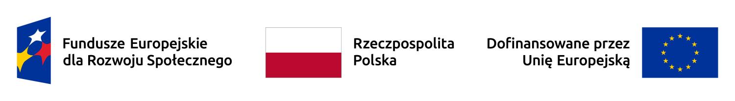 Trzy logotypy - od lewej Fundusze Europejskie dla Rozwoju Społecznego, następnie flaga RP  oraz z prawej flaga Unii Europejski