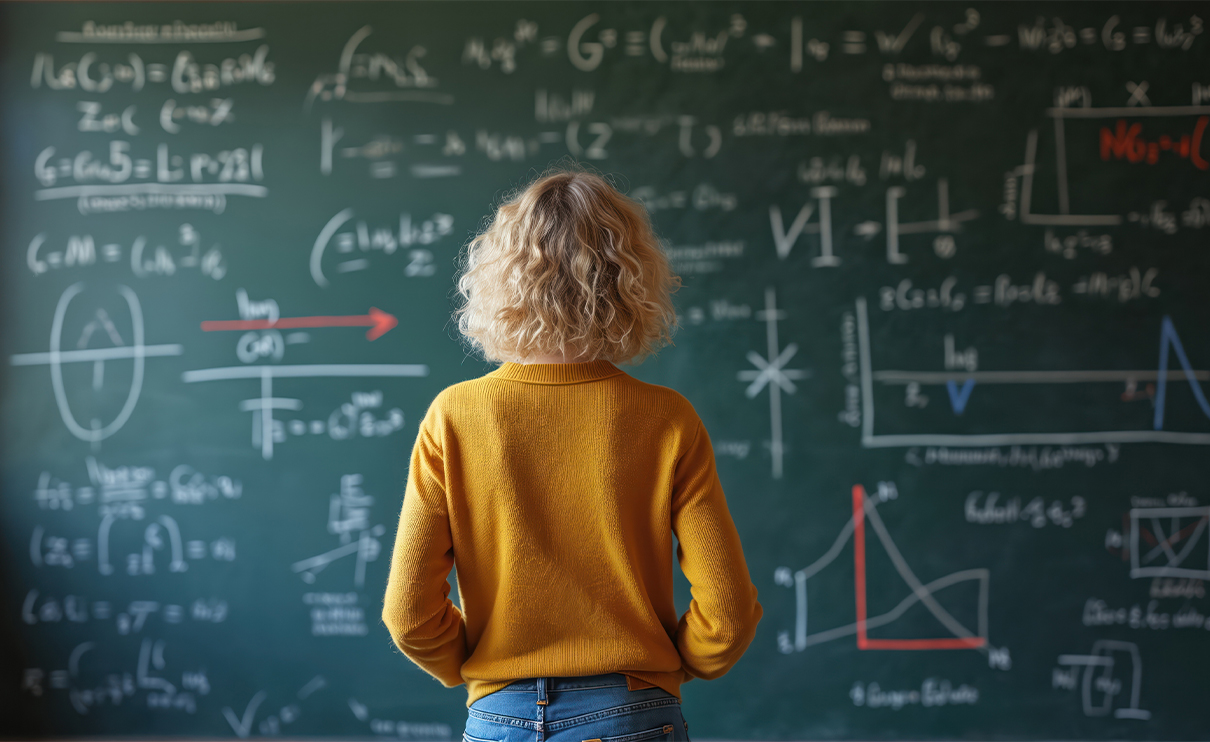 Kobieta stoi przed tablicą zapisaną wzorami matematycznymi