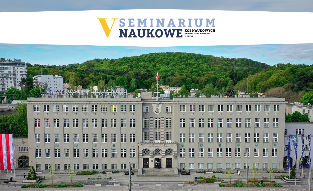 Plansza ze zdjęciem budynku UMG i hasłem V seminarium kół naukowych UMG