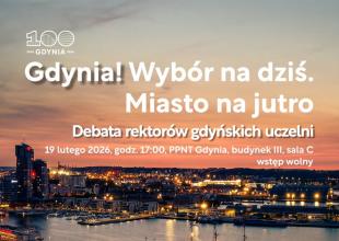 Plansza z widokiem Gdyni o zachodzie słońca