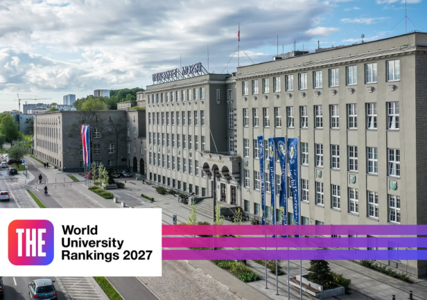 Budynek UMG i logo Times Higher Education World University Rankings 2027
