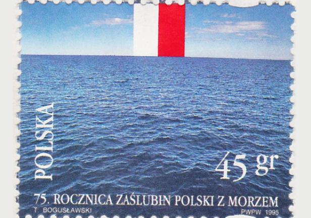Znaczek emitowany z okazji 75. rocznicy zaślubin Polski z morzem. W zbiorach ST.