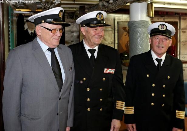 Honorowy członek SKŻW, prof. dr hab. Jan Kazimierz Sawicki, kpt.ż.w. Leszek Górecki, kpt.ż.w. Andrzej Królikowski